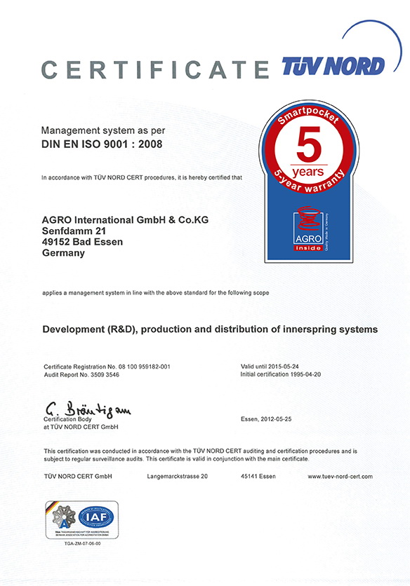 Сертификат компании AGRO на пружинный блок - 5 лет