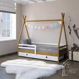 Детская кровать «Домик Индейца» с бортиком и ящиками 