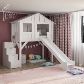 Кровать-чердак «Хижина» с горкой и ступенями