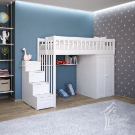 Кровать чердак "Домосед-1" со шкафом и ступеньками